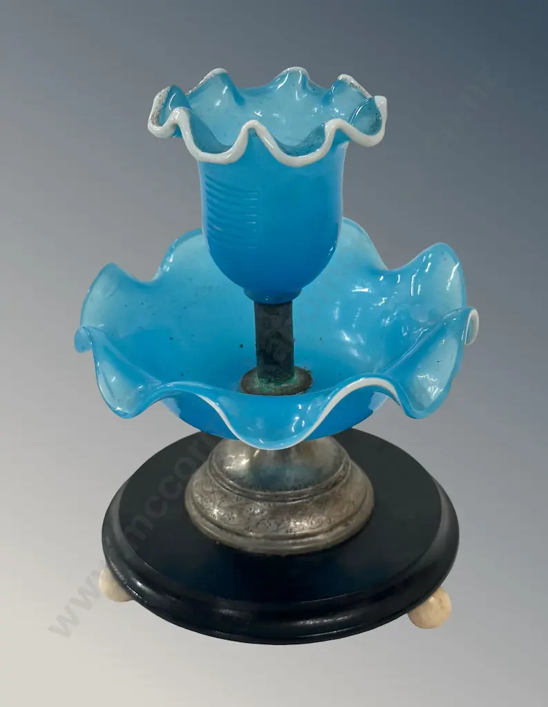 Victorian Blue Opaline Glass and Silver Table Match Holder on Ebony Base H14cm Image 1++