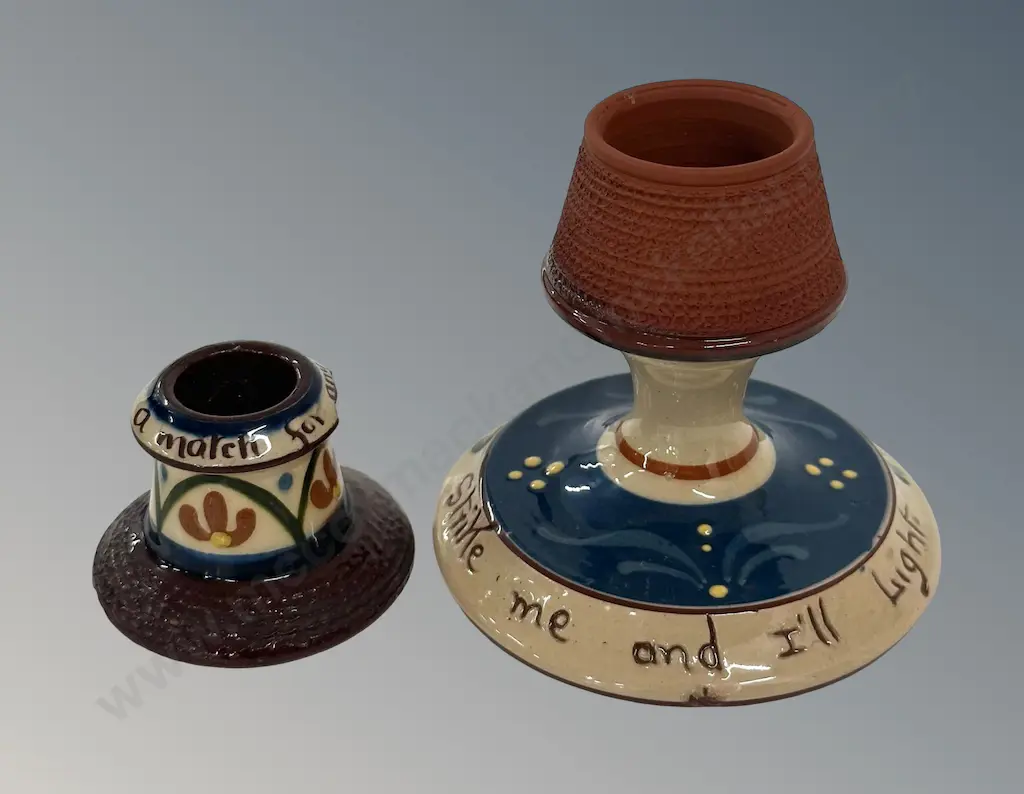 'Strike Me and I'll Light' & Small Torquay Ware Pottery Table Match Holders (small one AF)  H4cm, H9.5cm Image 1++
