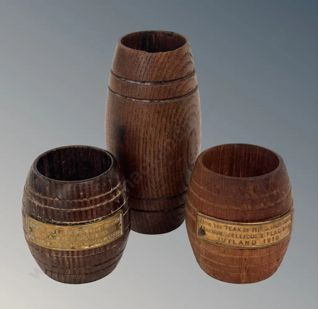 Two Wooden Barrels with Brass Plaques - Jellicoe & Mauretania Decking Table Match Holders & Wooden Spill Vase H5-10cm Image 1++