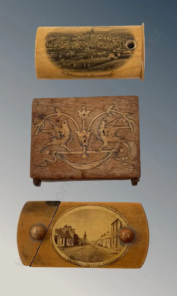 Three Decorated Wooden Matchboxes L6cm Image 1++
