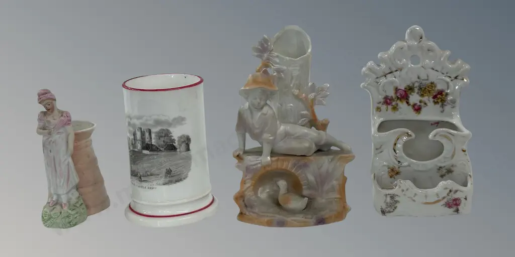 Two Figural Bisque Spill Vases, Porcelain Souvenir Spill Vase & Ceramic Wall Hanging Matchbox Holder H10-14cm Image 1++