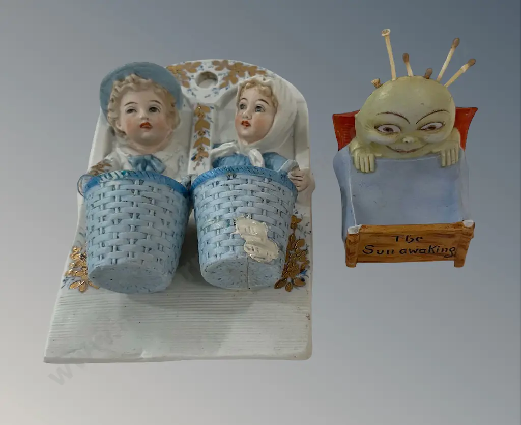 Bisque Wall Mounted Matchbox Holder and Striker with Children Holding Baskets & Sun AwaKing Table Match Holder, AF H20cm Image 1++