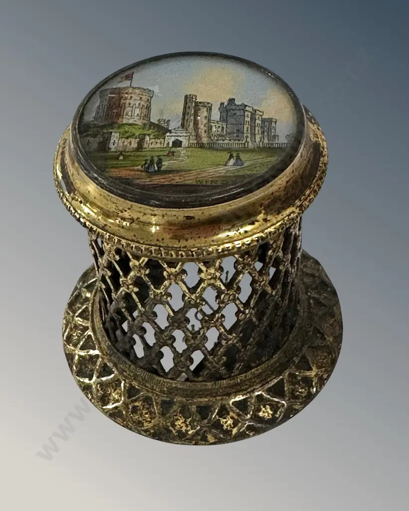 Brass with Fretwork with Top Depicting Windsor Castle Table Match Holder H5cm Image 1++