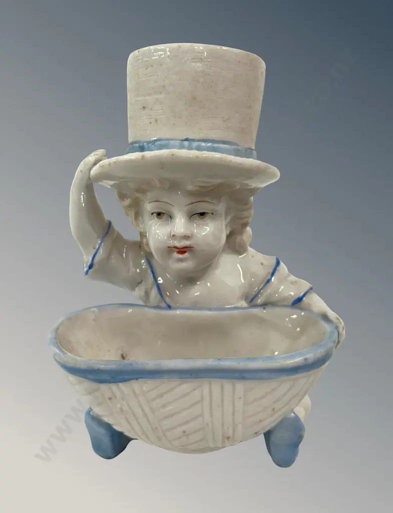 Ceramic Glazed Blue and White Boy in a Top Hat Table Match Holder H10cm Image 1++