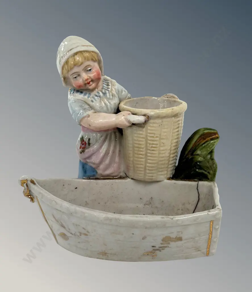 Ceramic Fairing Girl with Basket and Boat Table Match Holder, AF H9cm Image 1++