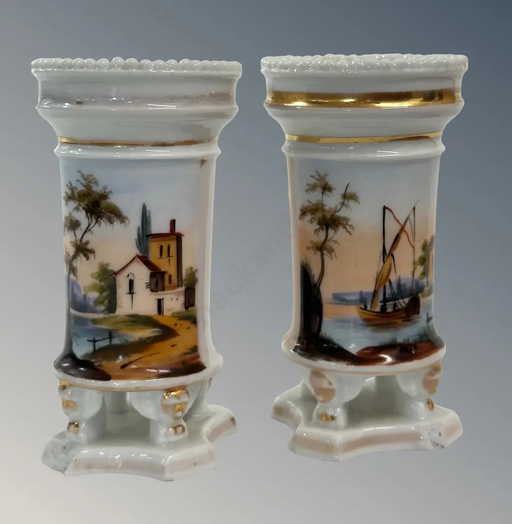 Pair of Gilt Lined Porcelain Spill Vases with Scenes of old French Buildings H13cm Image 1++