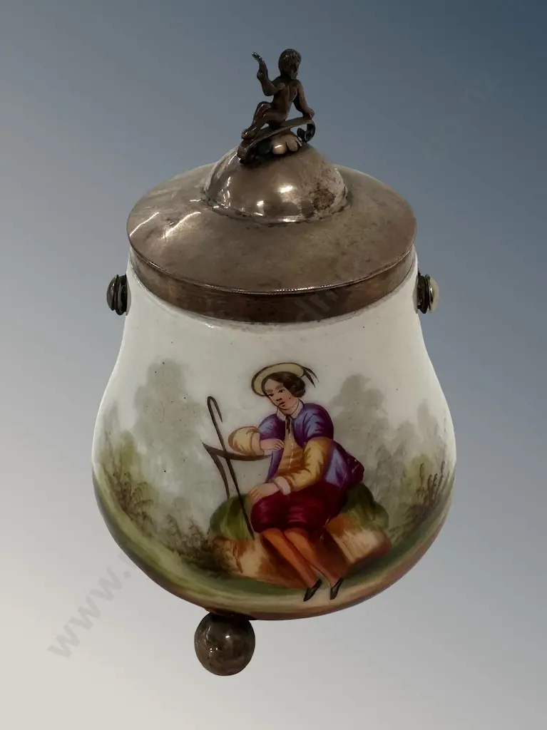 Silver and Ceramic Lidded Table Match Holder with Handle H10cm Image 1++