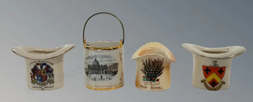 Gilt and Glazed Porcelain Bucket Depicting the Vatican Rome Table Match Holder & Three Souvenir Hats H4.5cm Image 1++