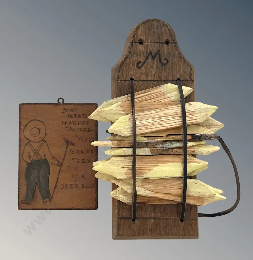 Folk Art Wall Mounted Fire Starters & Wall Plaque 'Don't Scratch Matches on the Wall' Striker L26cm & L13cm Image 1++