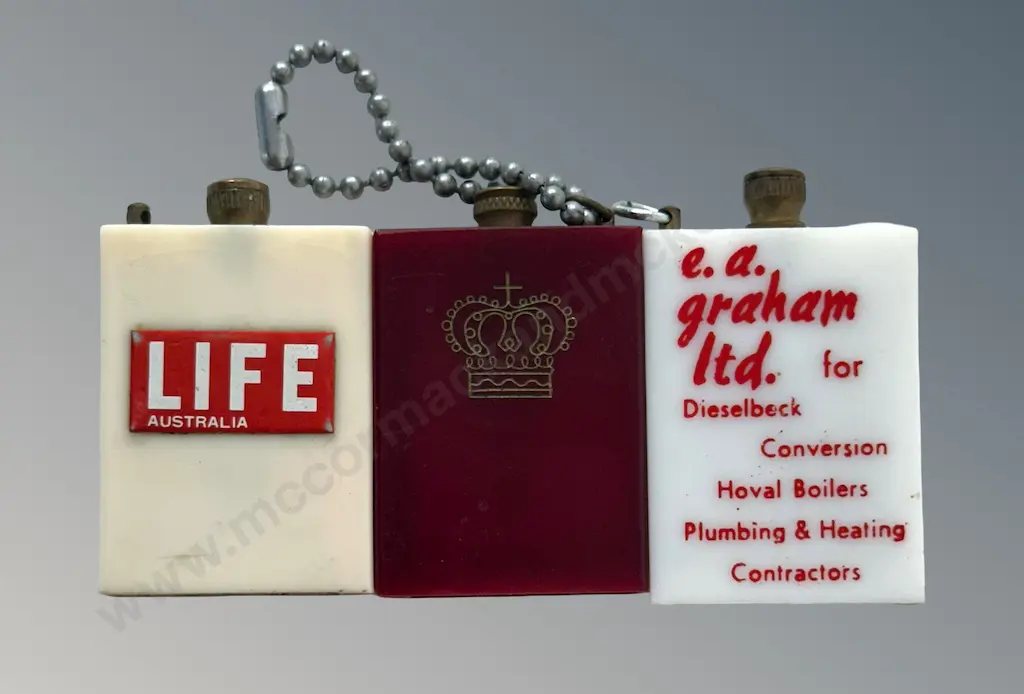 Three Advertising Strike Lighters - EA Graham Ltd, Life & Time Australia & Embossed Crown H4cm Image 1++