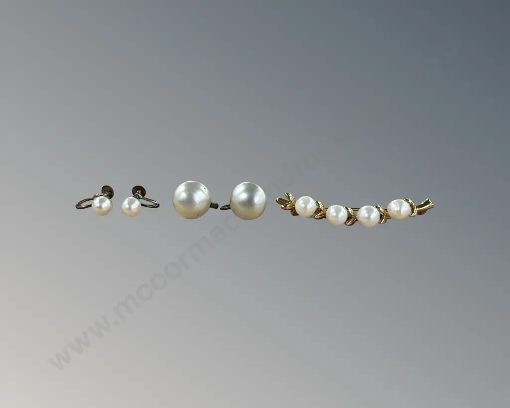 Two Sets of Screw On Pearl Earrings and a Gilded Sterling Silver Pearl Bar Brooch, Valuation for Pearl Earrings $325 Image 1++