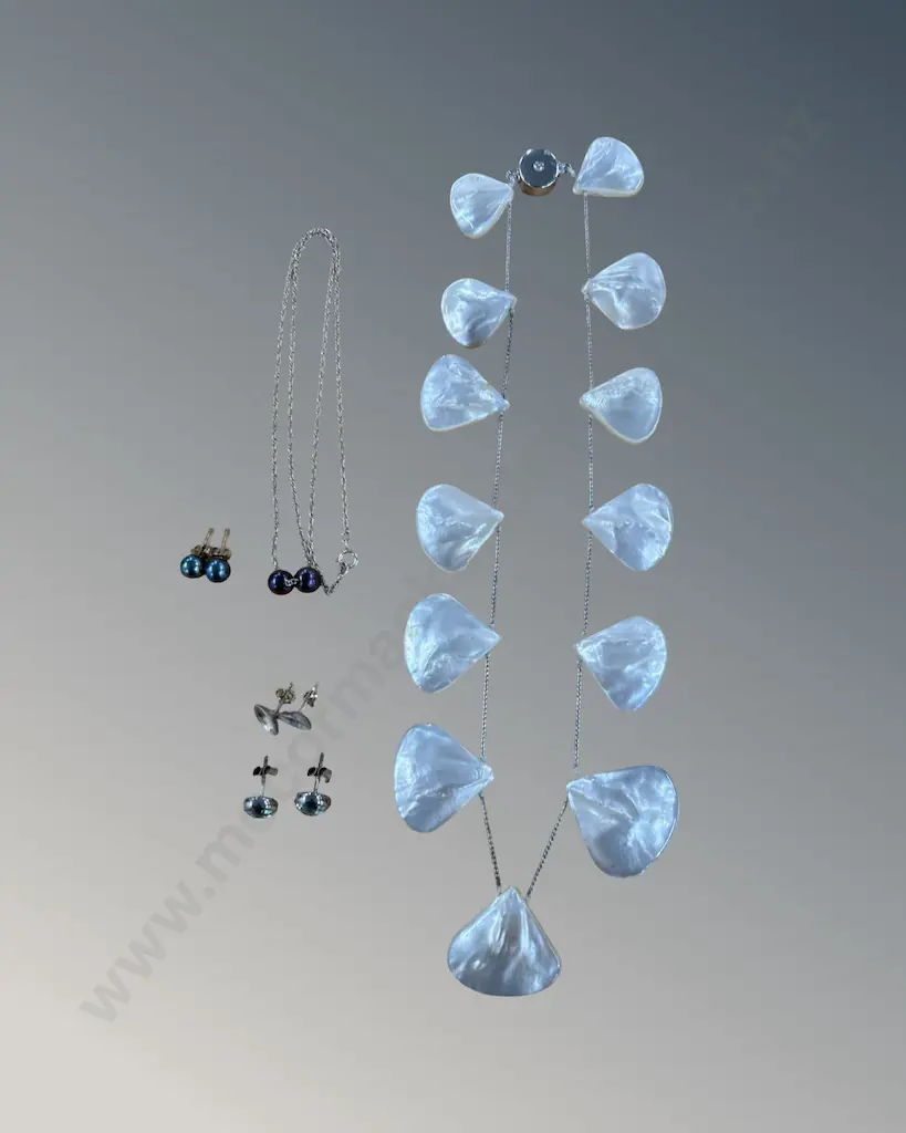 MOP Shell Necklace Black Pearl Necklace and Earring Set and 2 Pair of Earrings Image 1++