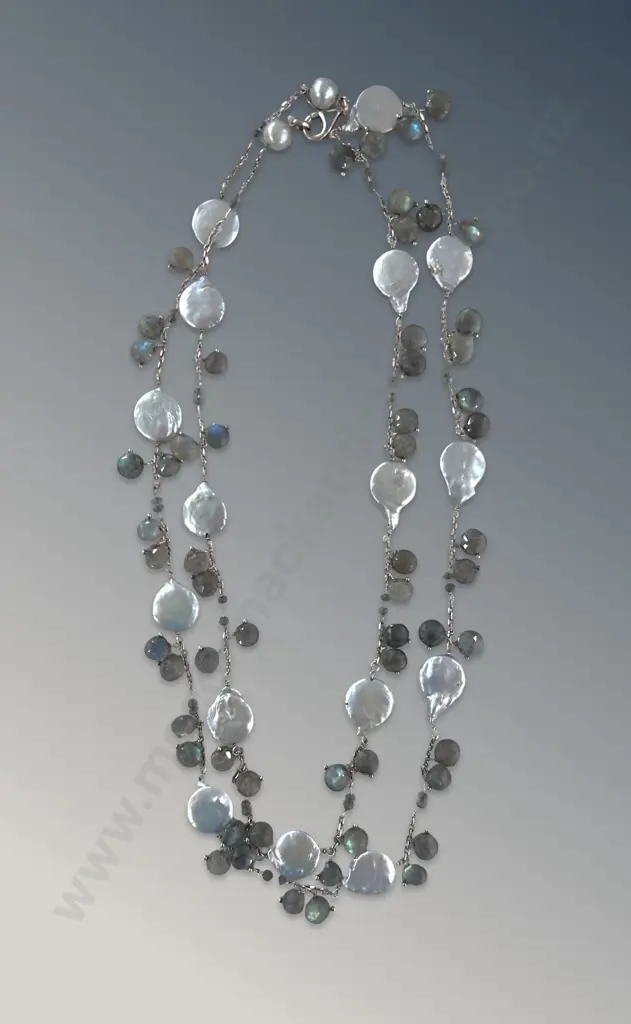 Silver Chain with Faceted Labradorite and Button Pearls, L114cm Image 1++