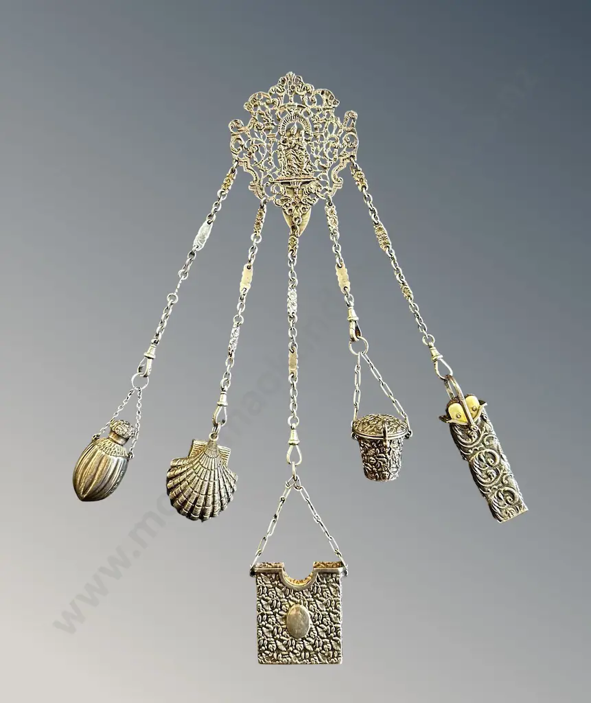 Sterling Silver Victorian Chatelaine with Perfume Bottle, Clam Shell Needle Holder, Vesta Case Thimble Holder Image 1++