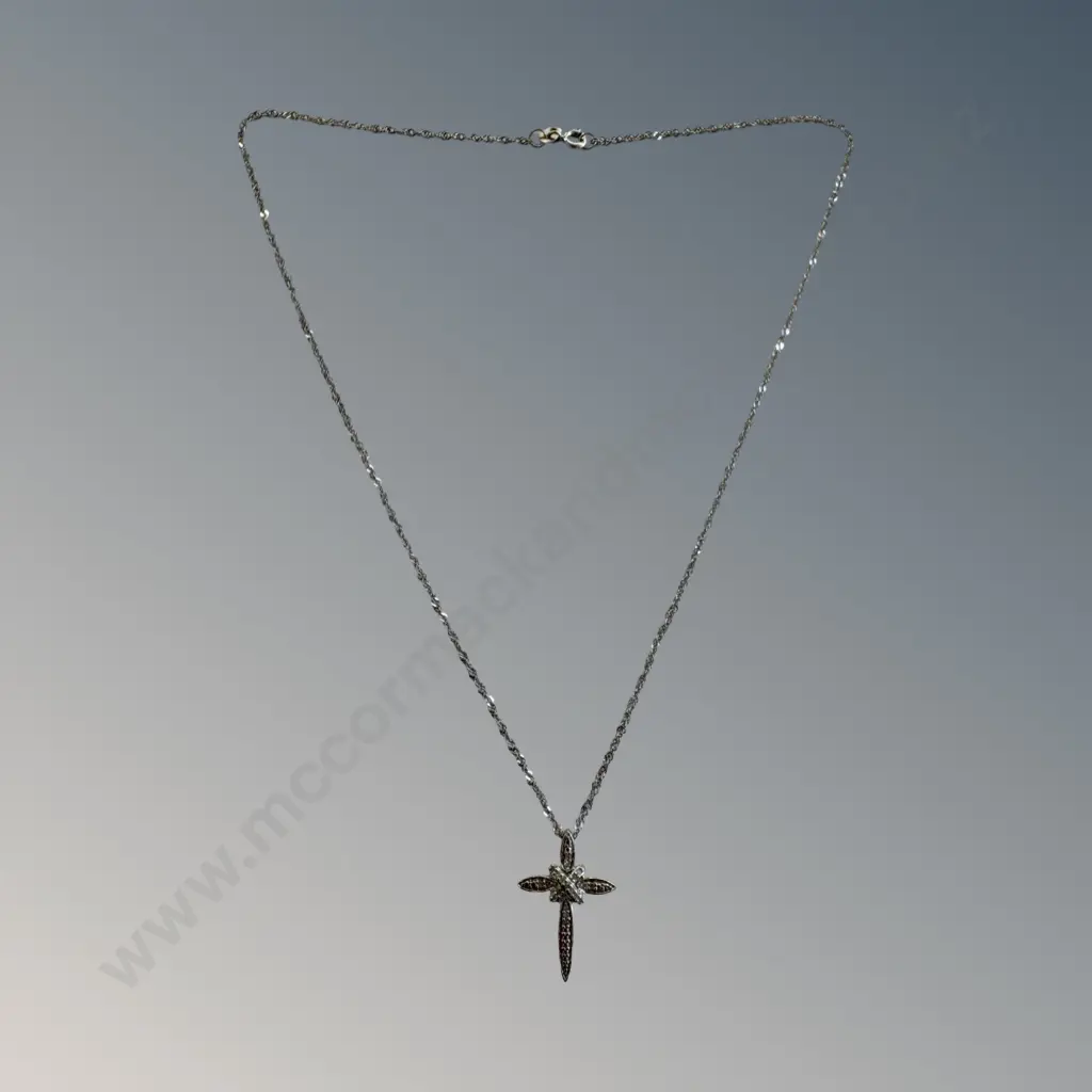 Sterling Silver Diamond Cross Pendant on Chain, L46cm, TW2.6gms Image 1++