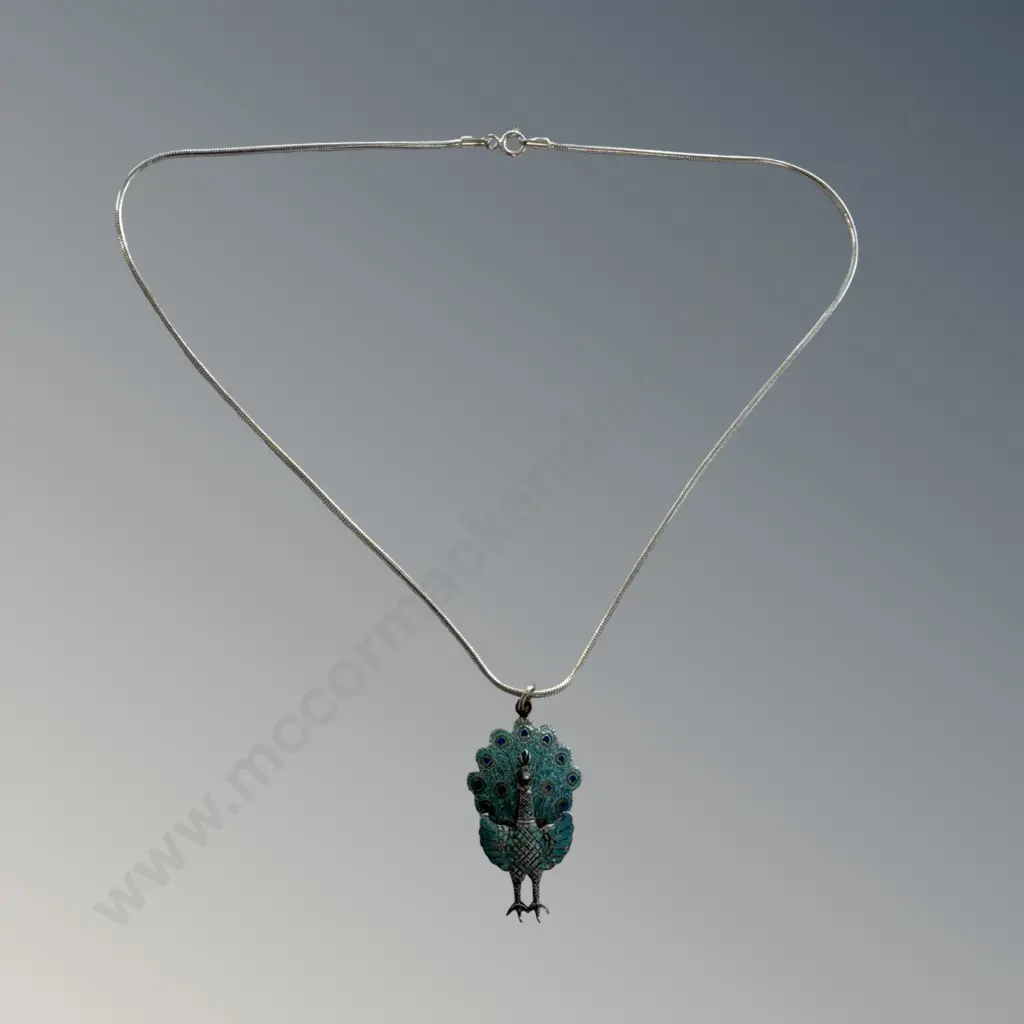 Sterling Silver Siam Peacock Pendant on Chain, L41cm, TW10gms Image 1++