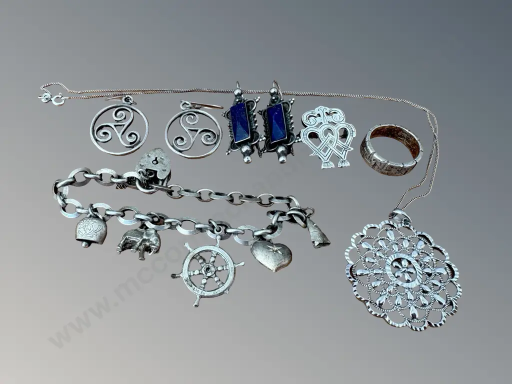 Asstd Sterling Silver - Charm Bracelet, Lapis Drop Earrings, Pendant Necklace etc, TW50gms Image 1++