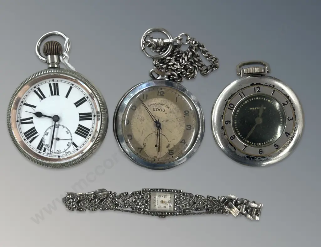 Two Pocket Watches, Chronometer and Marcasite Wristwatch Image 1++