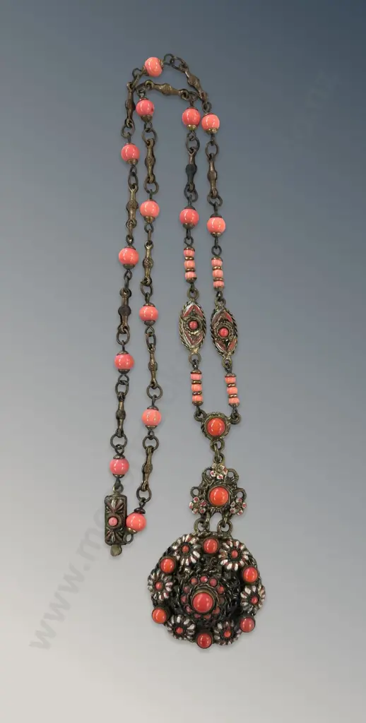 Coral Necklace with a Filigree Floral Pendant, L42cm Image 1++