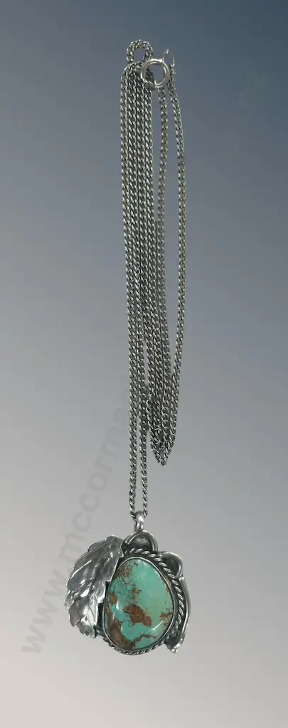 Sterling Silver and Turquoise Pendant on Chain, L60cm Image 1++