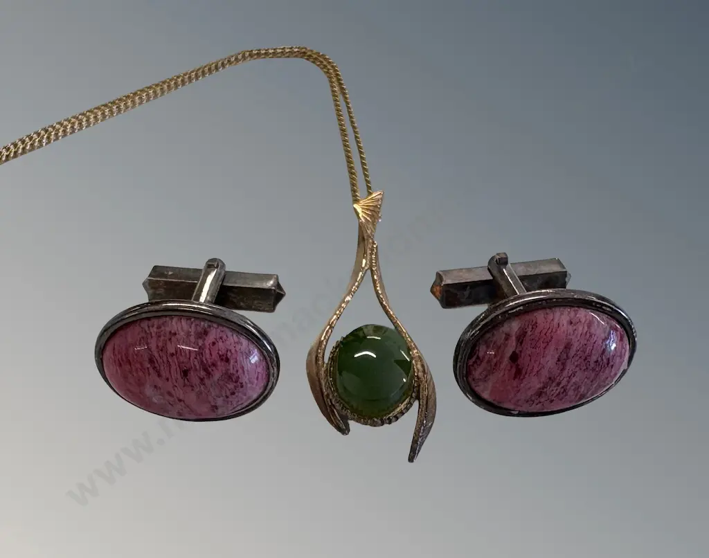 Sterling Silver and Pink Thulite Cufflinks and Sterling Silver Jade Pendant on Chain, TW18.3gms Image 1++