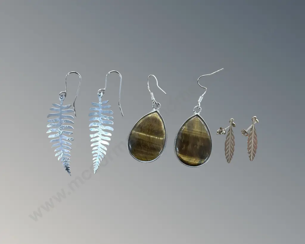 Sterling Silver Tigers Eye Drop Earrings, Sterling Silver Fern Earrings and one other pair Image 1++