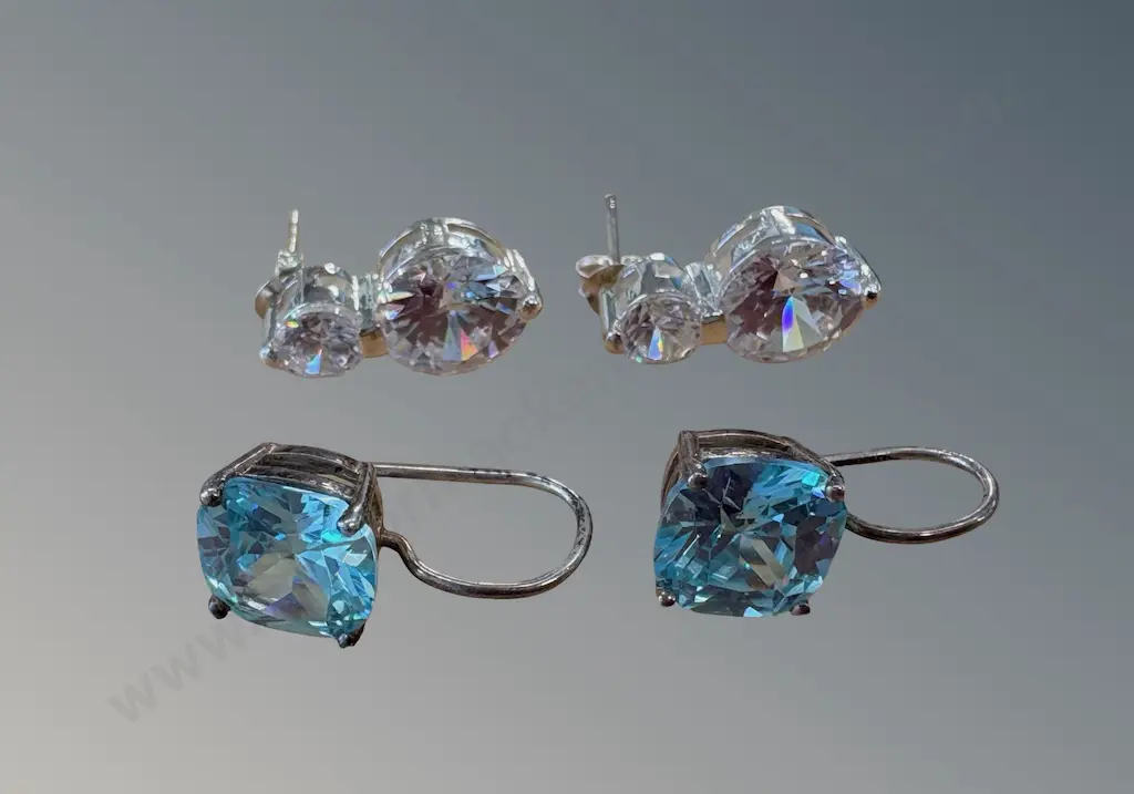 Two Pairs of Sterling Silver Earrings - Topaz and CZ Image 1++