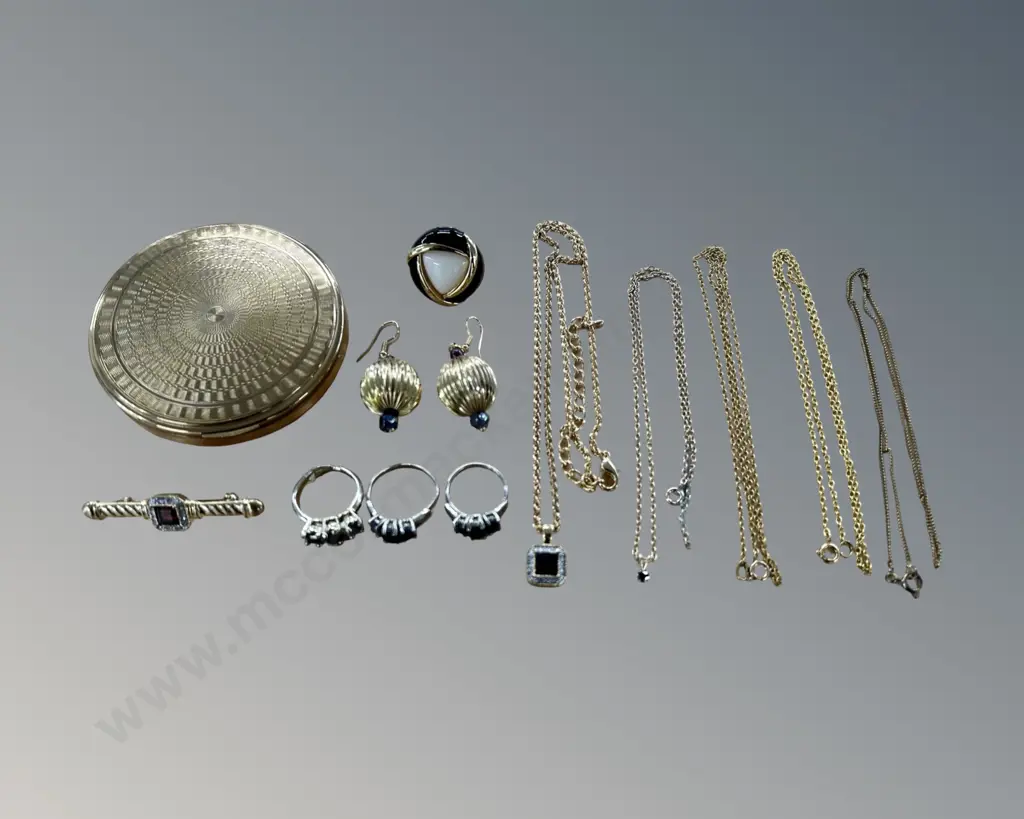 Gold Compact Case, 3 Dress Rings, Earrings, Pendant, Chains, etc Image 1++