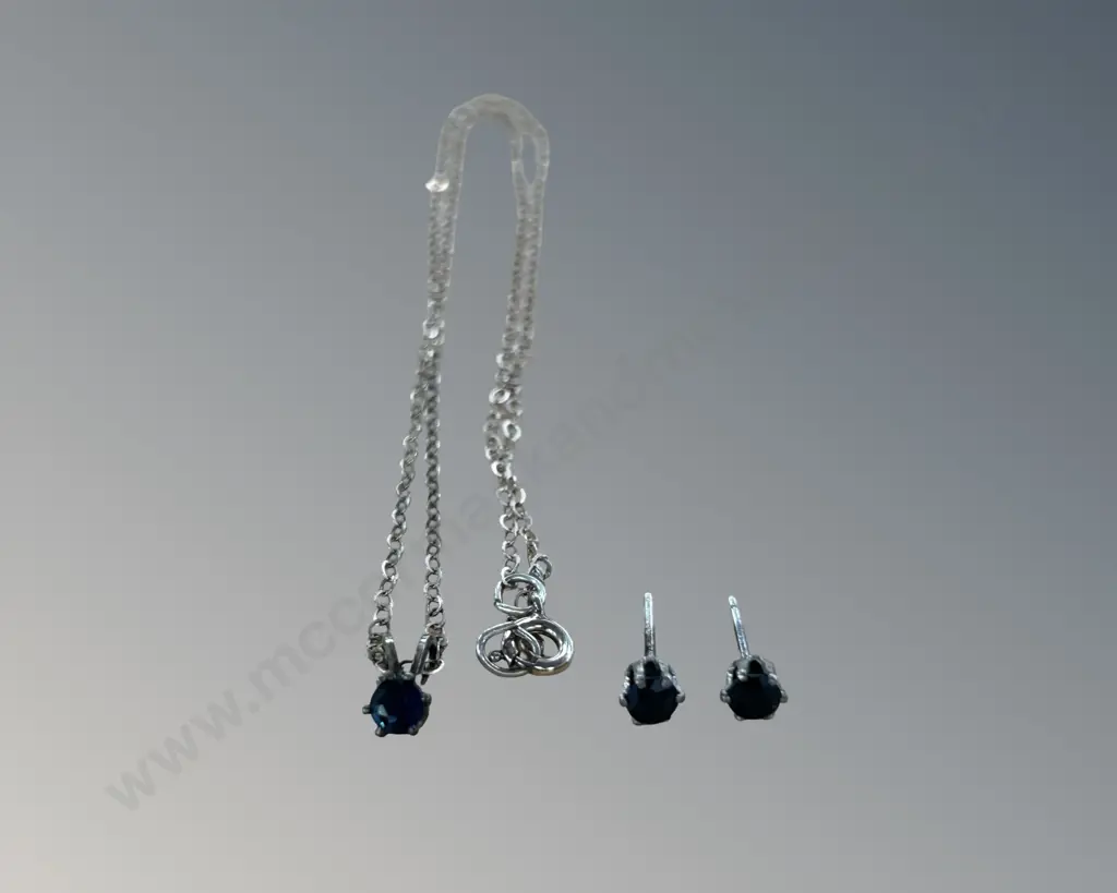 Sapphire Pendant on Sterling Silver Chain with Matching Sapphire Stud Earrings, TW1.8gms Image 1++