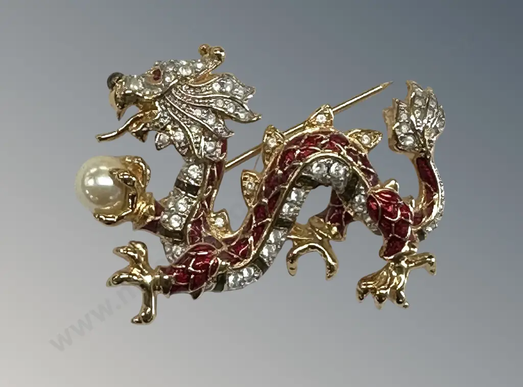 Gold Enamel and Pearl Dragon Brooch Image 1++