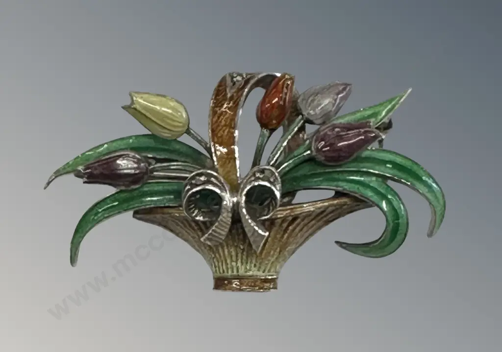 .835 Silver Enamelled Basket with Tulips Brooch Image 1++