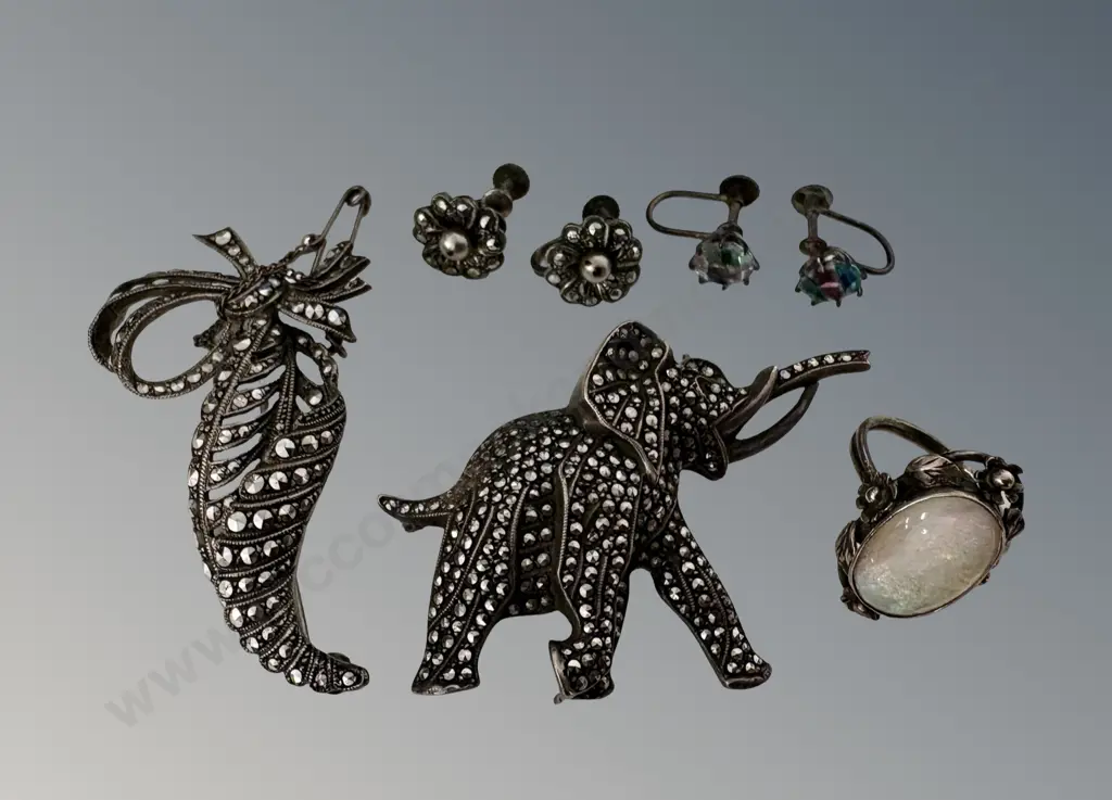 Sterling and Marcasite Elephant Brooch, Silver Marcasite Leaf Brooch, Opal and Silver Ring, Two Sets of Earrings Image 1++