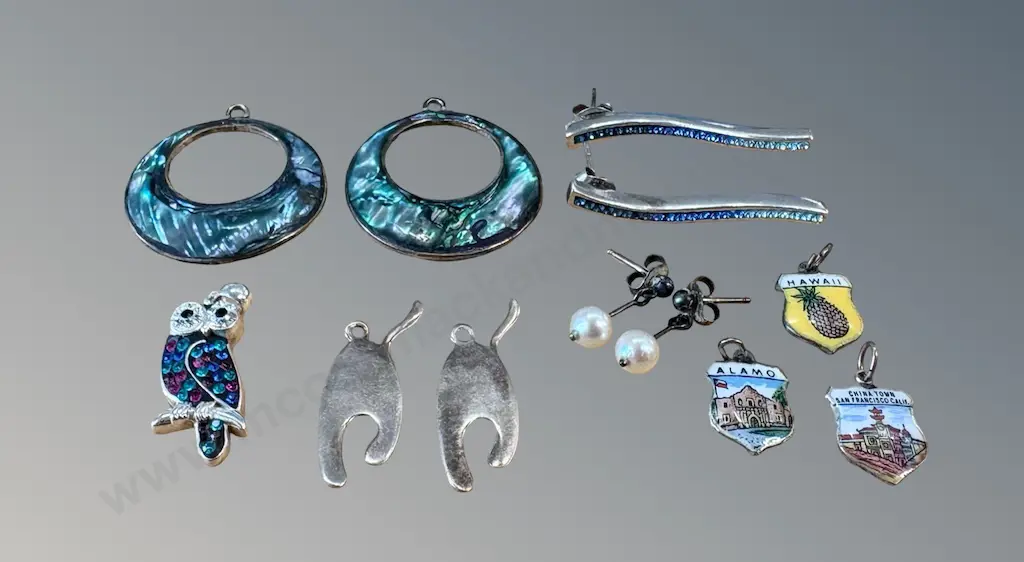 Collection of Sterling Silver Jewellery - Pearl Earrings, Pendants, Topaz Earrings, Paua, Owl Pendant & Enameled Charms Image 1++