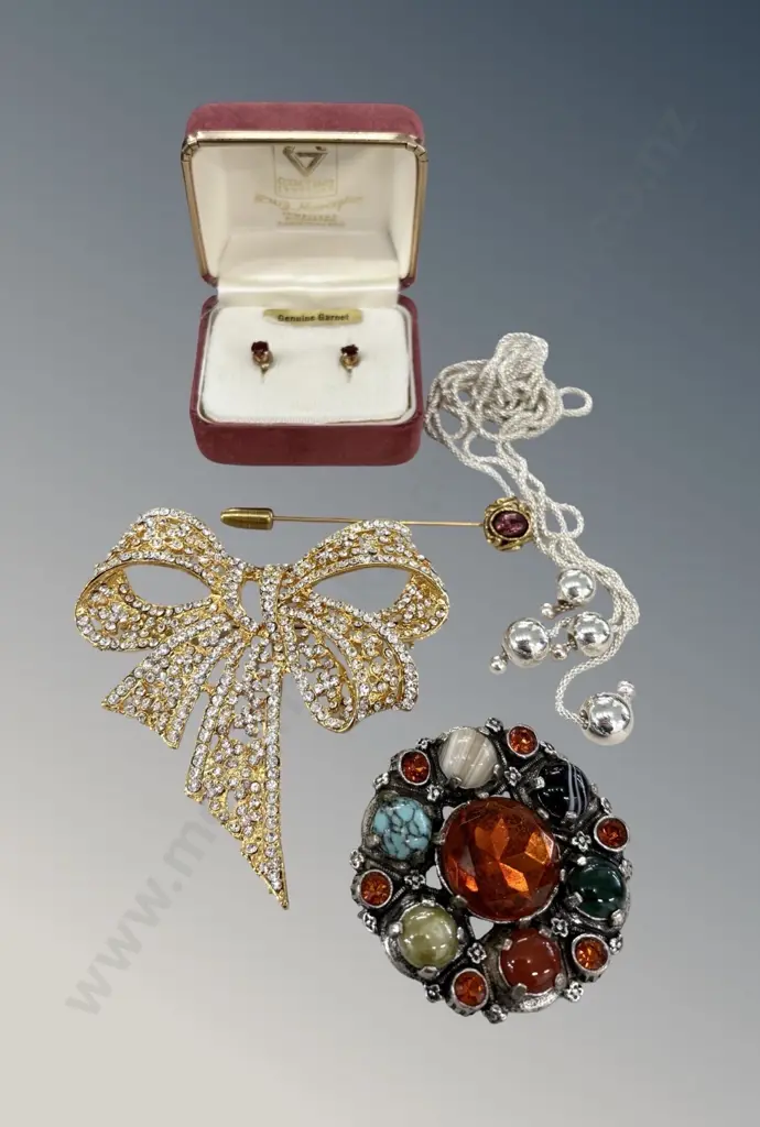 Garnet Stud Earrings, Brooches, Gold Amethyst Hat Pin, Silver and Bead Necklace Image 1++