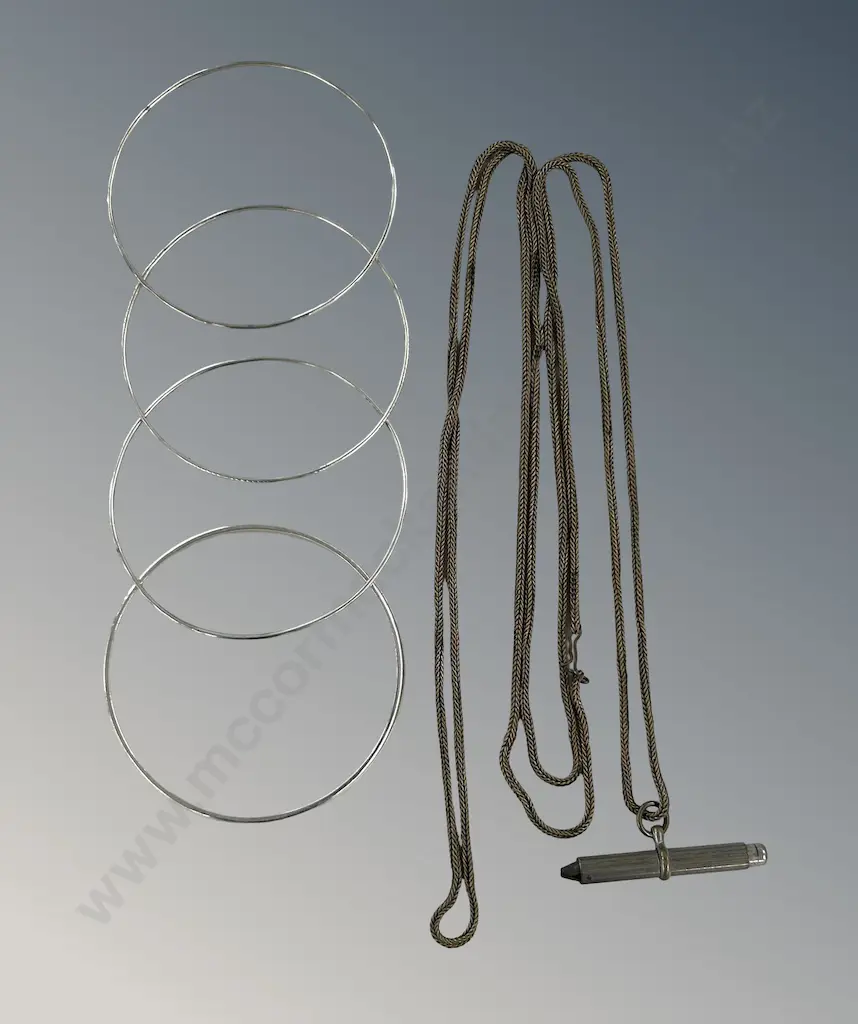 Four Silver Bangles and Pencil Pendant on Brass Chain Image 1++