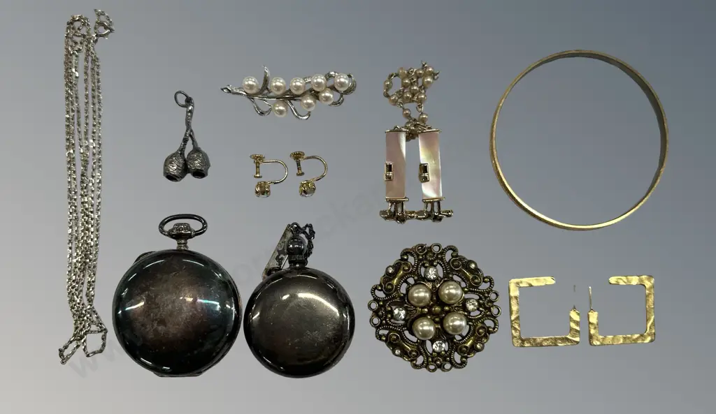 Costume Jewellery - Silver & Pearl Brooch, Gold Club MOP Sweater Guard, Silver Snuff Container, Earrings etc Image 1++