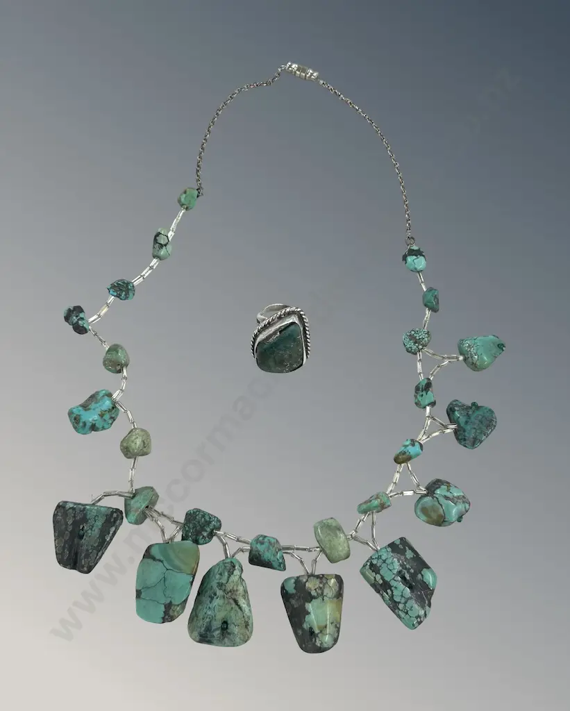 Silver and Turquoise Necklace, L44cm and Ring, Size J Image 1++