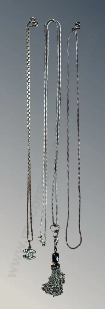 Chanel Style Pendant Necklace, Silver Plated Snake Chain with Tassel and Black Stone and Silver Chain Image 1++