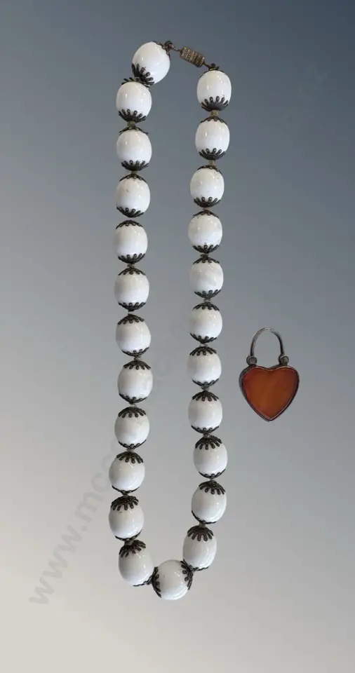 Silver and Carnelian Heart Shaped Lock and Early Porcelain Beads Image 1++