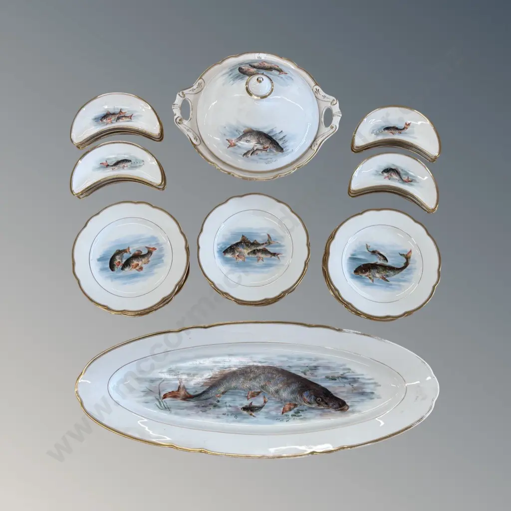 Haas & Czjzek Hand Painted Carp Dinner Set  - Platter, Tureen, Side Plates, Small Crescent Side Plates - 26 Pieces Image 1++