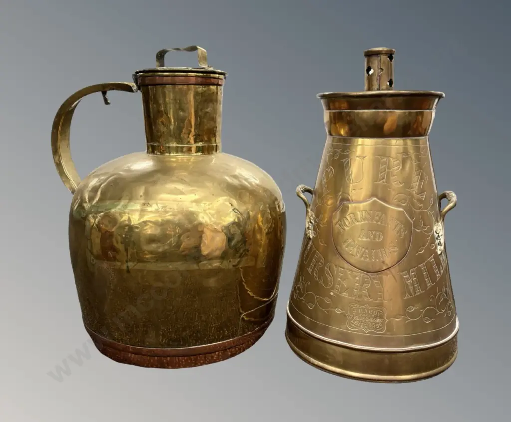 Brass Pitcher and Brass Advertising Milk Pail - S Hardy, Leicester H42-45cm Image 1++