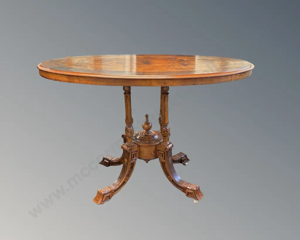Oval Walnut Occasional Table with Ebony and Fruitwood Inlay on Ornate Carved Four Point Base L105xH71cm Image 1++