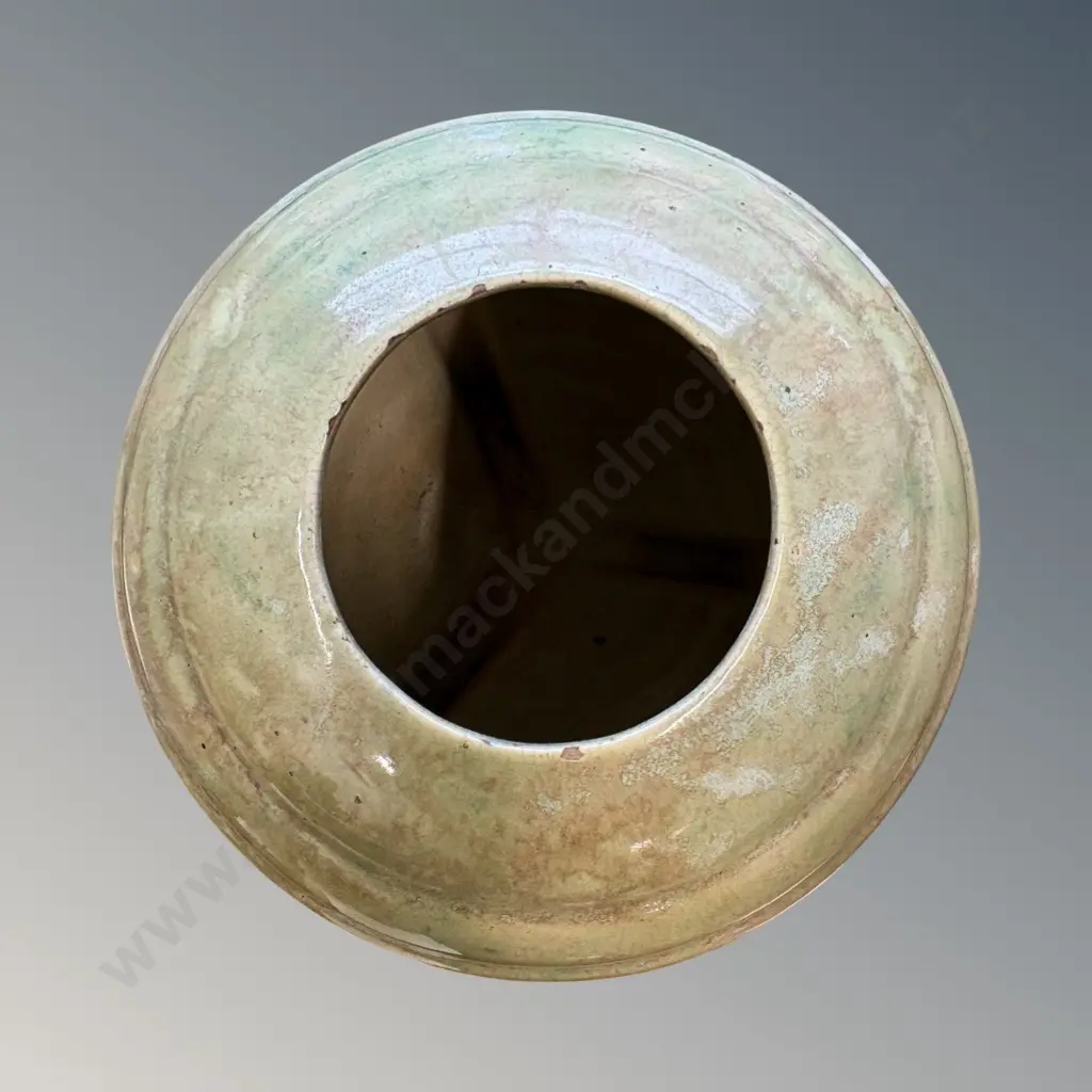 Crown Lynn Trickle-Glaze Ribbed Spherical Footed Vase, small glaze chips to rim, H21cm Image 1++
