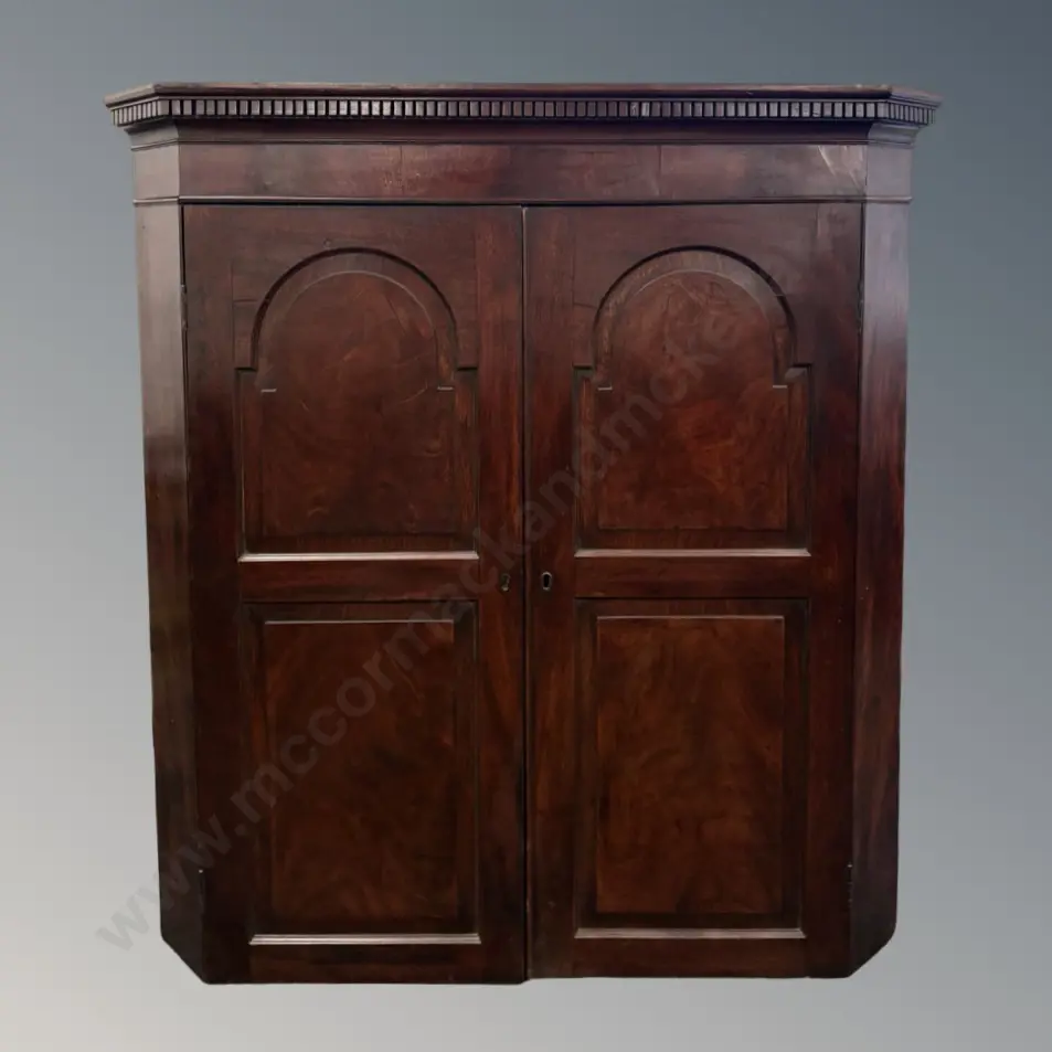 Georgian Mahogany Corner Cupboard with Reeded Cornice and Prussian Blue Interior with 2 Shelves, L110xH120xD56cm Image 1++