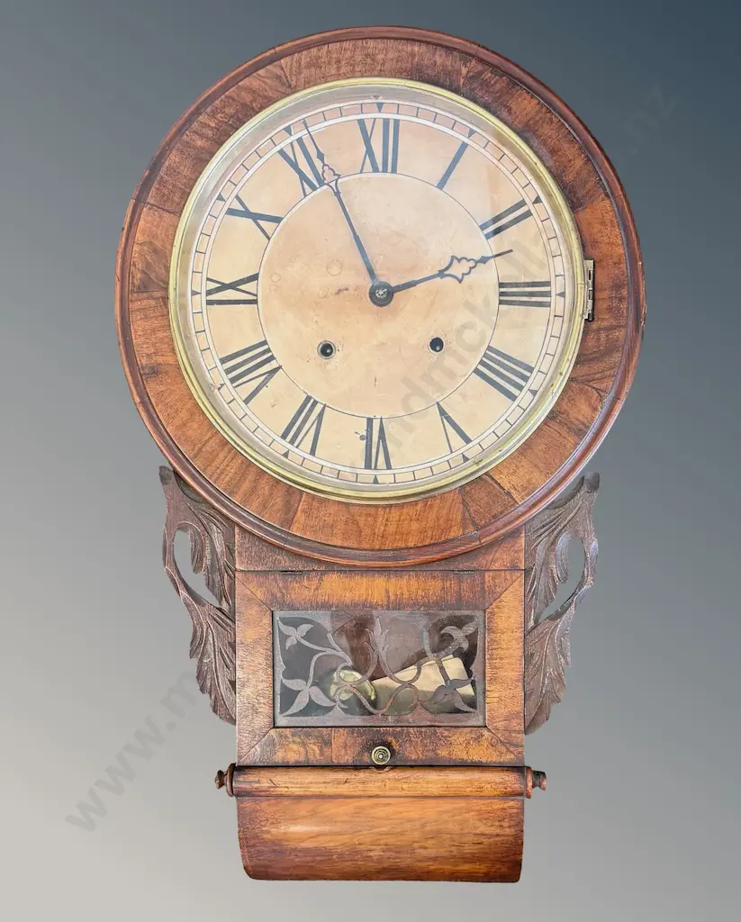 Mahogany Cased Ansonia Wall Clock with Leaf Motifs, Brass and Enamel Face with Key and Weights L70x42cm Image 1++