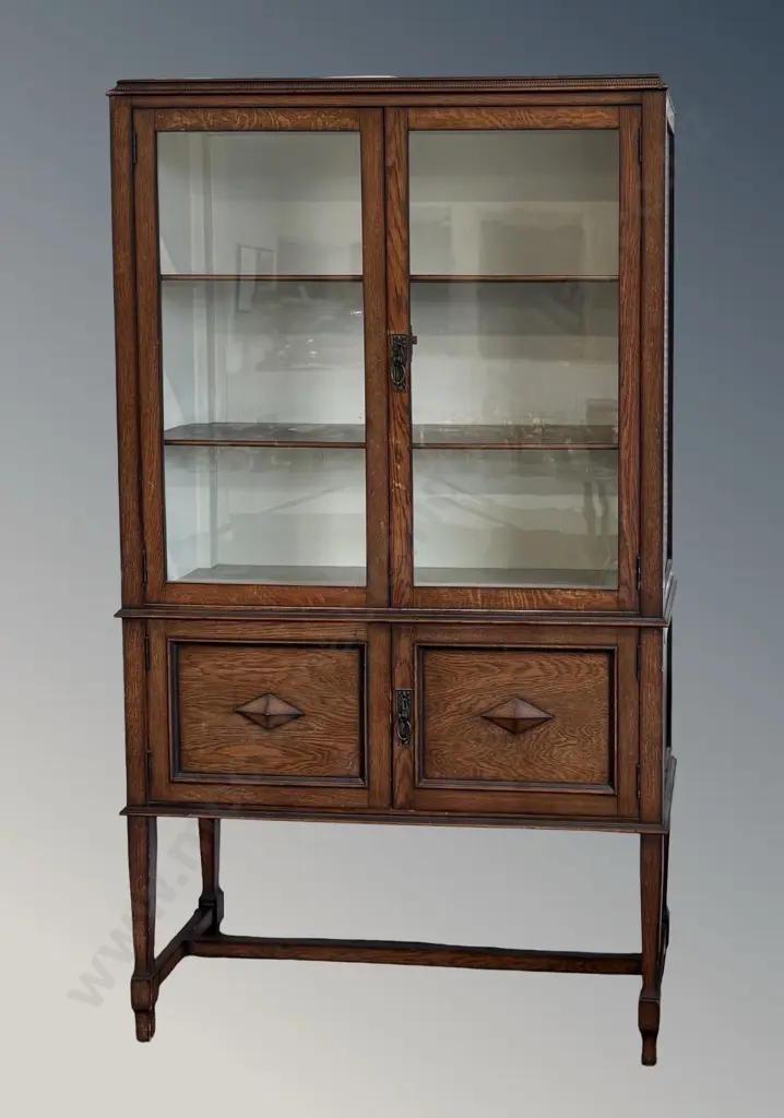 Arts and Crafts Style Oak Cabinet with Glass Paneled Doors and Cupboard on Stretcher Base H165xW92xD36cm Image 1++