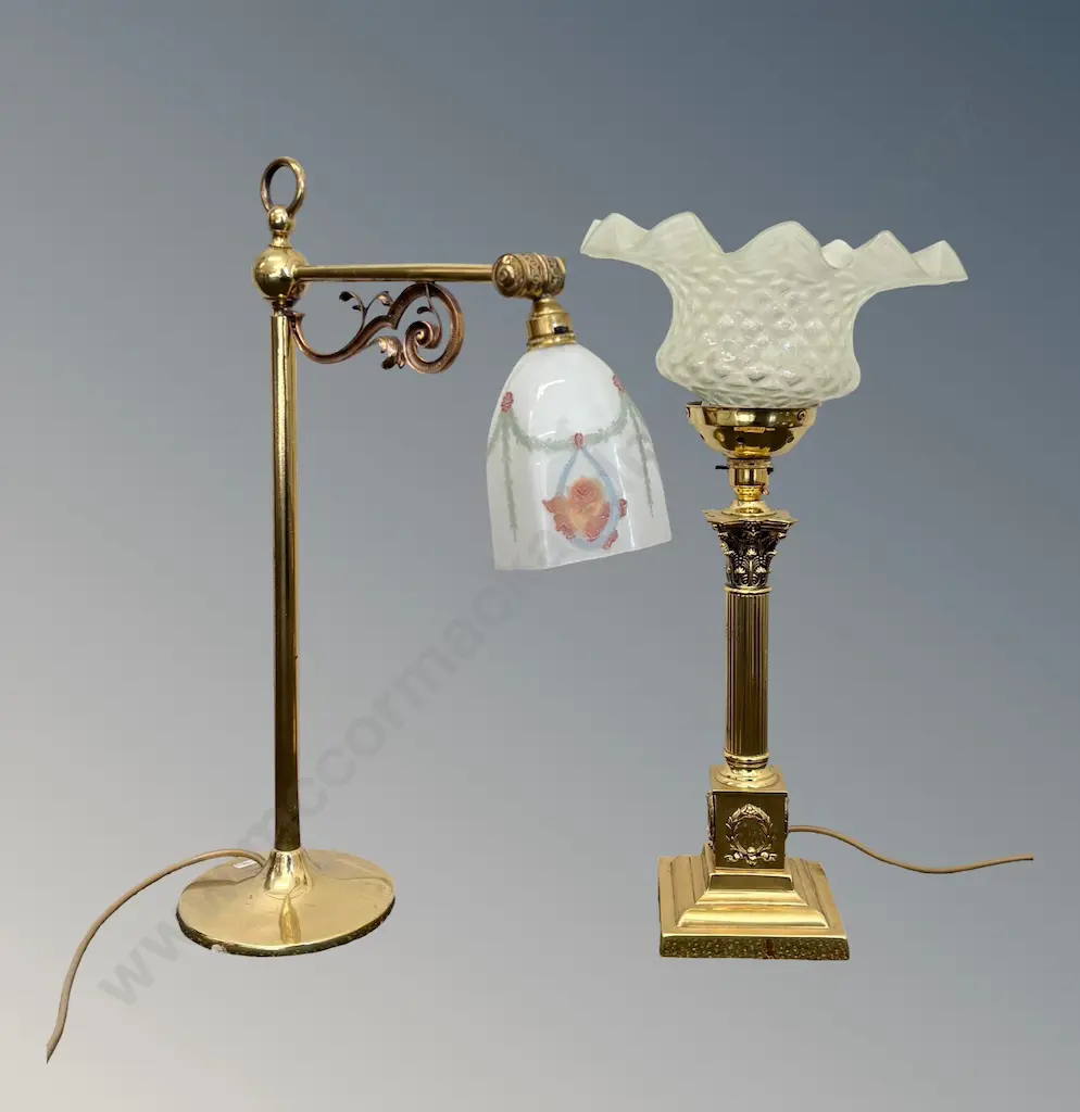 Two Brass Lamps - one with Milk Glass Floral Shade and one with Reeded Base and Handkerchief Glass Shade H51cm, H57cm Image 1++