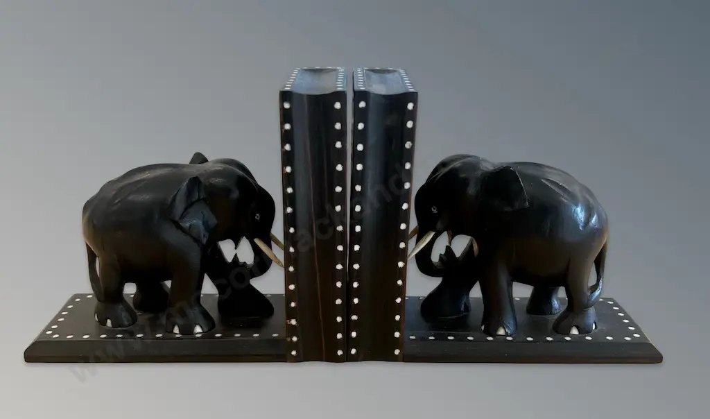 Pair of Ebony and Bone Elephant Book Ends, H14cm Image 1++