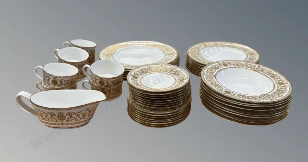 Royal Worcester Gilt and White Porcelain 8 piece Dinner Set - 49 Pieces Image 1++