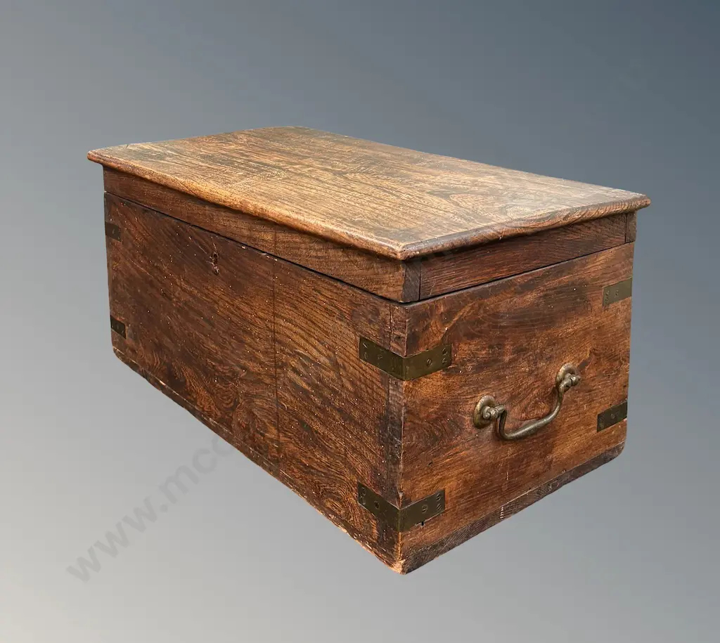 Small Oak Metal Bound Box with Metal Handles and Felt Lining H28xL60xD32cm Image 1++